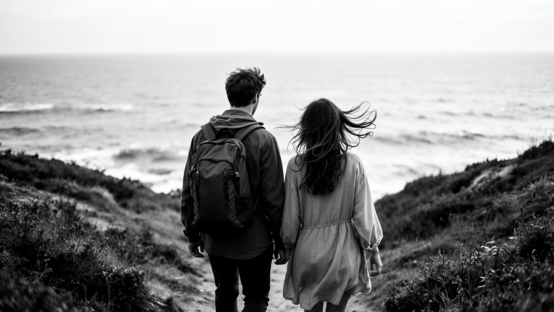 Pareja caminando frente al mar
